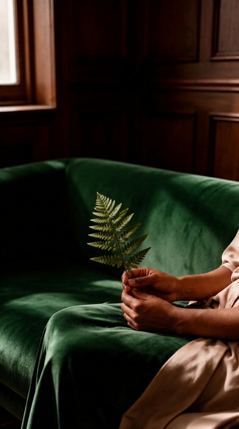 A person seated, holding a fern leaf in soft light